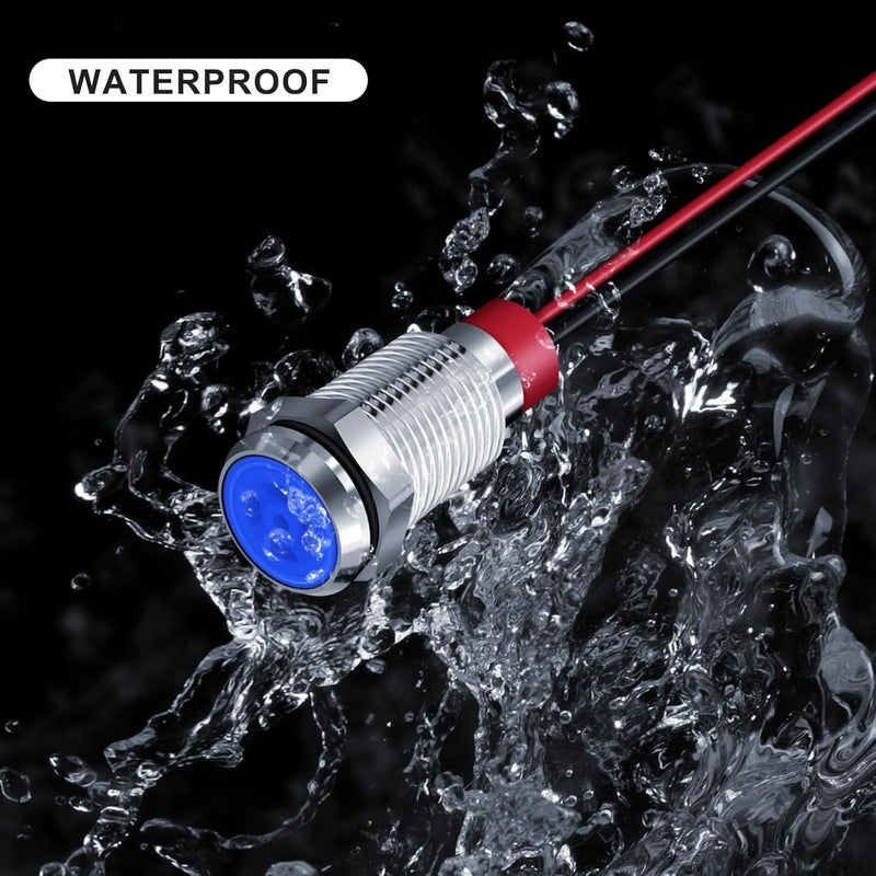 FICOLPO 10 Pcs LED Metal Waterproof Indicator Light, 12-24V 2/5'' Mounting Hole Pre-Wired Pilot Signal Light for Car, Trucks, Boats, Marine, Dash, Industrial Electricity (Blue, 10mm) - Image 2